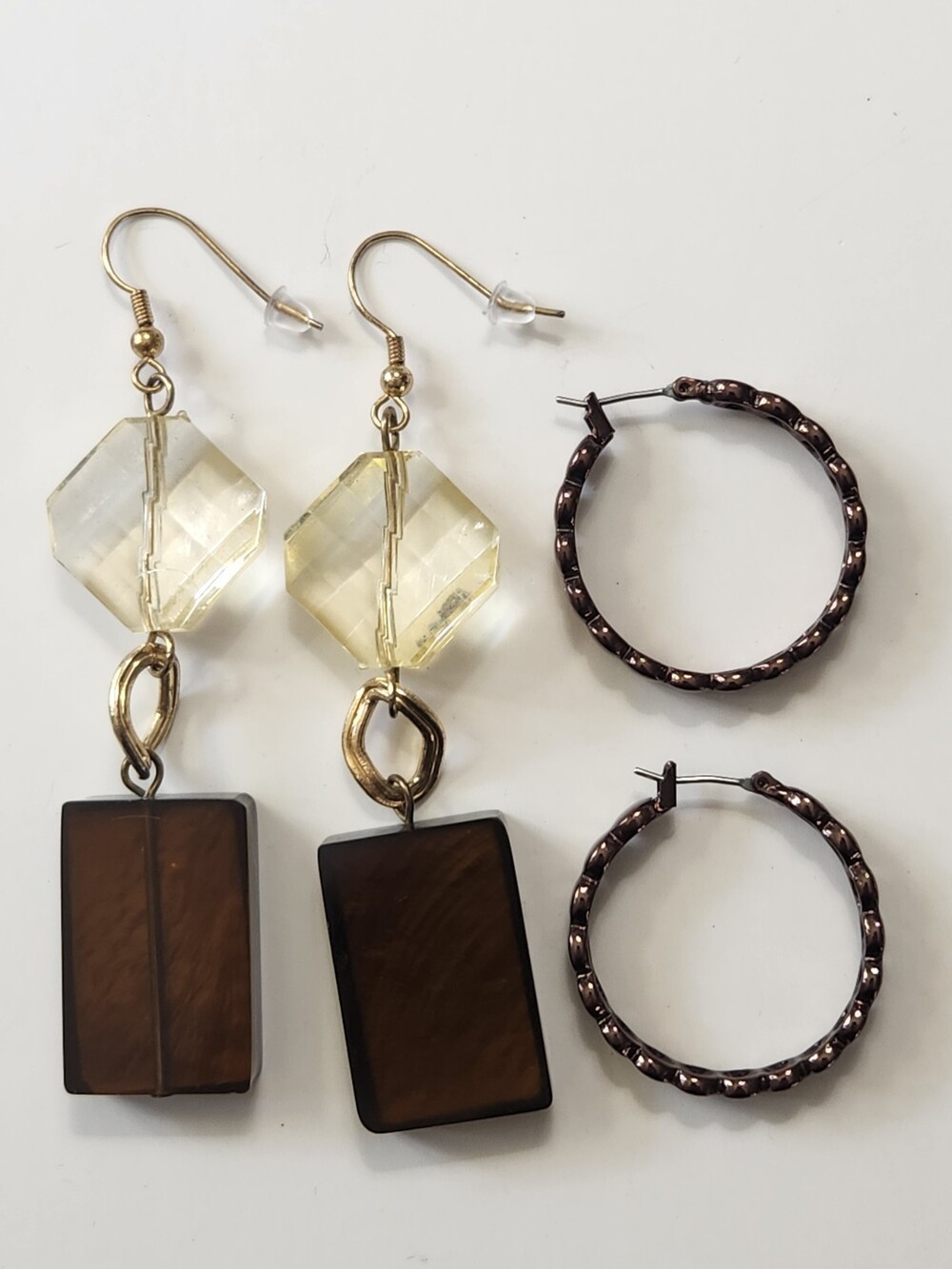 2 pr Earrings Coppertone Scalloped Hoops Geometric Block & Gem Dangle Drop Mod